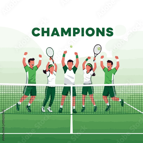 Triumphant Tennis Team Celebrates Victory Under Banner Declaring Their Championship Status