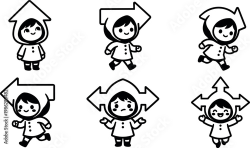 Black and white line art girl character with directional arrow hood showing emotions and movements
