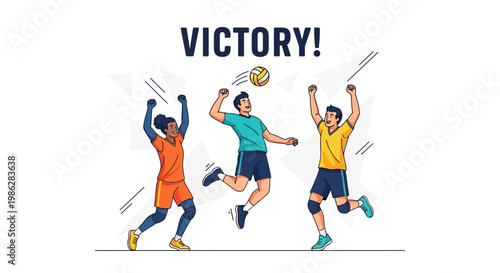 Triumphant Volleyball Team Celebrates Victory with Joyful Expressions and Dynamic Poses