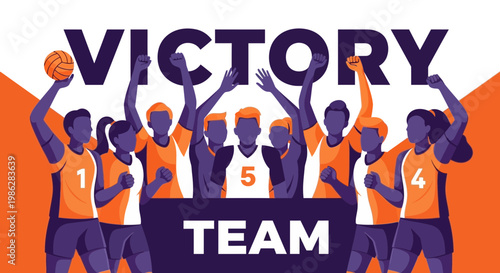 Triumphant Volleyball Team Celebrating Victory with a Ball and Raised Fists of Joy and Pride
