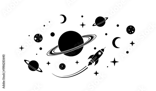 Space Illustration with Rocket, Planets, Stars, and Moon Elements in Minimal Black Silhouette Style for Astronomy, Exploration, and Cosmic Design Projects