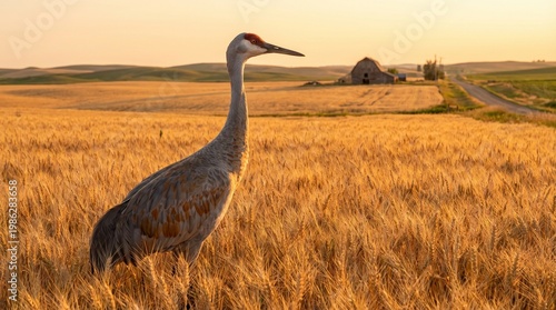 Large sandhill crane standing alone in a golden wheat field at sunset