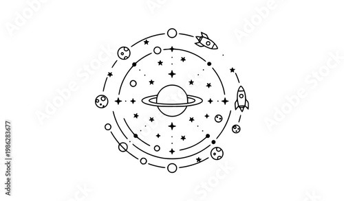 Space Orbit Illustration with Planets, Rocket, Stars, and Circular Galaxy Elements in Minimal Line Style for Astronomy, Science, and Cosmic Design