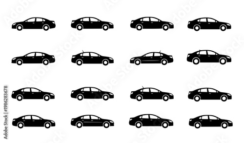 Car Icon Set with Multiple Sedan Vehicle Variations in Minimal Black Silhouette Style for Transportation, Automotive Design, and UI Applications
