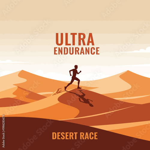 Ultra Endurance Desert Race Silhouette: Athlete Running Across Sand Dunes at Sunset