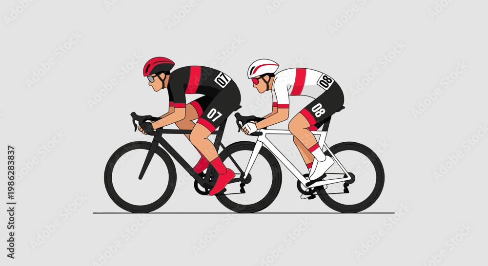 Fototapeta premium Two Cyclists in Action Racing on Road Bikes with Matching Uniforms, Side View
