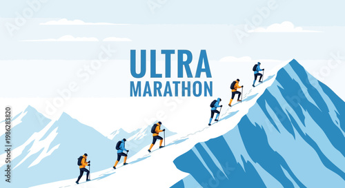 Ultra Marathon Athletes Ascending A Majestic Mountain Towards The Summit's Peak