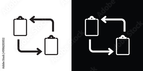 Vector illustration of two clipboards with circular arrows, symbolizing task management, data synchronization, workflow updates, and administrative process automation in a flat style.