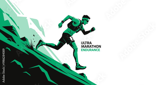 Ultra Marathon Athlete Ascending A Mountain Slope With Endurance In A Dynamic Illustration