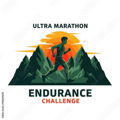 Ultra Marathon Endurance Challenge Mountain Runner Sunset Illustration
