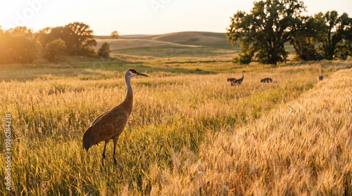 Sandhill cranes stand in a golden wheat field at sunset with rolling hills