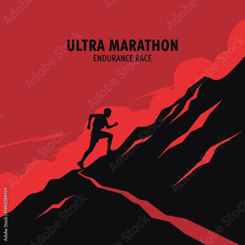 Ultra Marathon Runner Ascending Rugged Mountain Silhouette Dramatic Red Sky