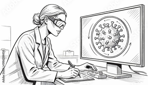 Immunologist Researching Virus White Background Line Art Style