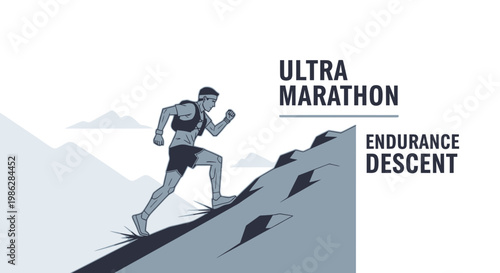 Ultra Marathon Runner Ascending Rugged Mountain Terrain Minimalist Graphic