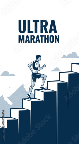 Ultra Marathon Runner Ascending Staircase Towards Summit Victory