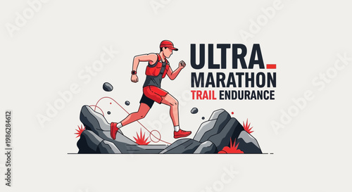 Ultra Marathon Runner Leaping Over Rocks On Trail Representing Endurance and Competition