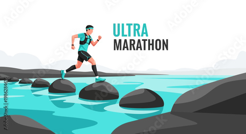 Ultra Marathon Runner Leaping Across River Stones Towards Mountain Range Landscape
