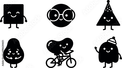 Black and white happy geometric fruit characters with seasonal and activity themes