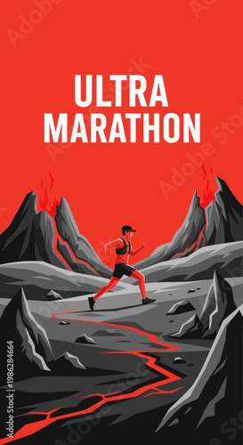 Ultra Marathon Runner Navigating Fiery Volcanic Terrain Graphic
