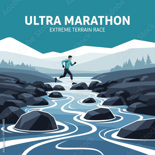 Ultra Marathon Runner Navigating Rocky Terrain: Extreme Outdoor Endurance Challenge Depiction