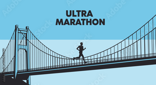 Ultra Marathon Runner On Bridge Silhouette With Blue Sky Background