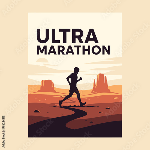 Ultra Marathon Runner Silhouette in Desert Landscape With Majestic Rock Formations