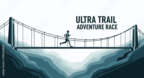 Ultra Trail Adventure Race: Runner Crossing Suspension Bridge Across Canyon With Great Views