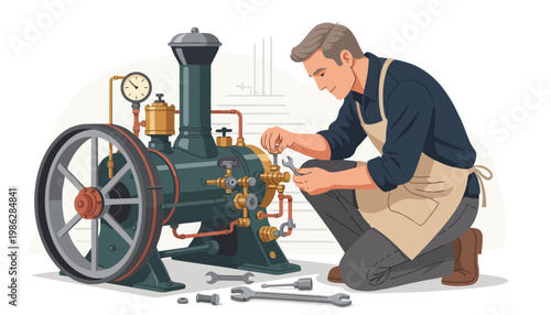 Mechanic Repairs Vintage Steam Engine Flat Illustration