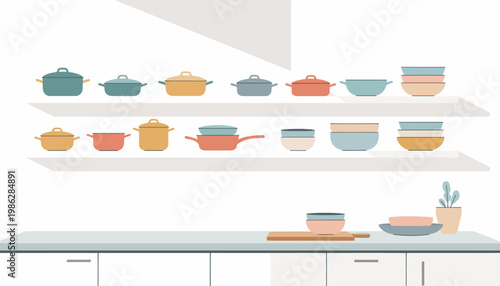 Minimalist Kitchen with Shelves Displaying Colorful Cookware