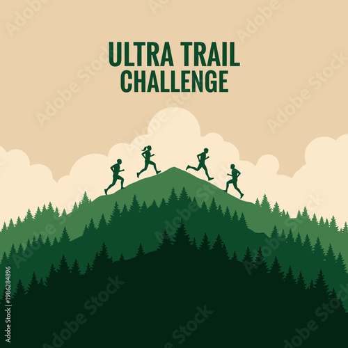 Ultra Trail Challenge Depicting Endurance Athletes Running Across a Mountainous Terrain