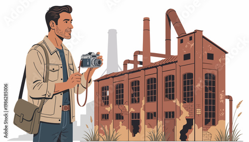 Photographer Documenting Abandoned Factory Flat Illustration