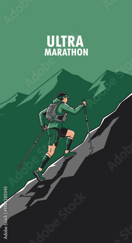 Uphill Ultra Marathon Runner Conquering Rugged Terrain in Green and Black Illustration