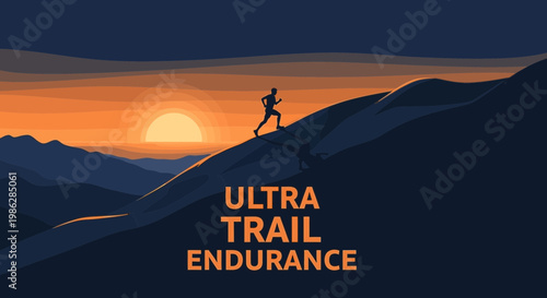 Ultra Trail Endurance Runner Silhouetted at Sunset Over Majestic Mountainous Terrain