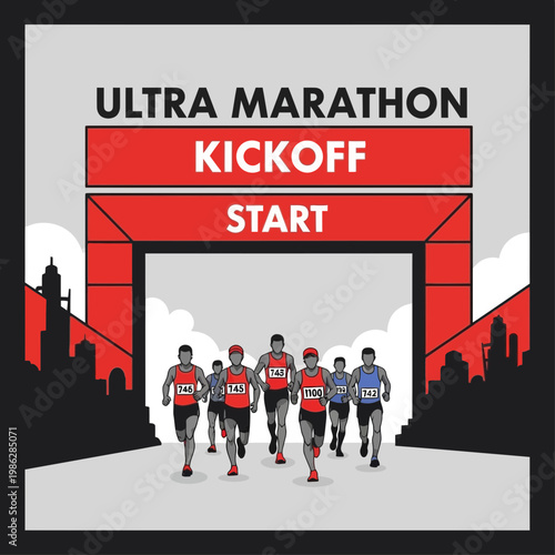 Ultra Marathon Runners Beginning a Race Under a Red Archway in a Cityscape Illustration