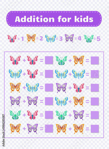 Educational game for kids.Cute  math game with butterflies. Addition for kids. Printable game.Educational activity worksheet.Illustration for kids books and workbooks.Logical quest for children.Vector
