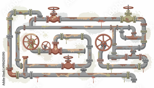 Rusting Pipes Industrial Interconnected Network Flat Illustration
