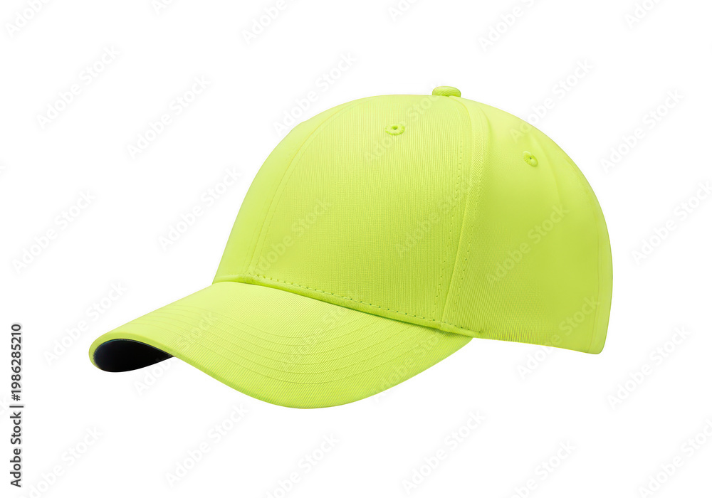 Fototapeta premium A neon green baseball cap with a black brim tip isolated on transparent background