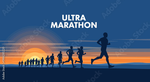 Ultra Marathon Runners Silhouetted Against Sunset, Demonstrating Endurance and Determination