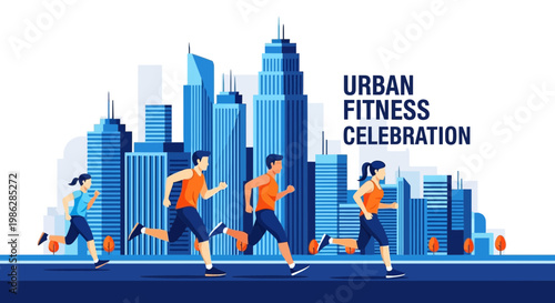 Urban Athletes Celebrate Fitness Running In Front Of City Buildings At Sunset