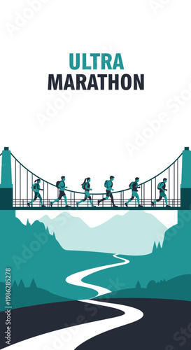 Ultra Marathon Runners Traverse a Bridge Amidst Mountainous Terrain in a Stunning Visual