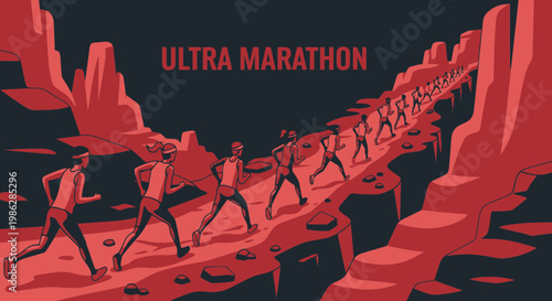 Ultra Marathon Runners Traverse Rugged Terrain Under The Crimson Red Sky Visualization