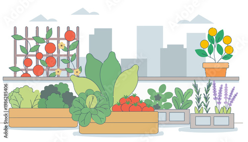 Urban Rooftop Garden Vector Flat Design Illustration
