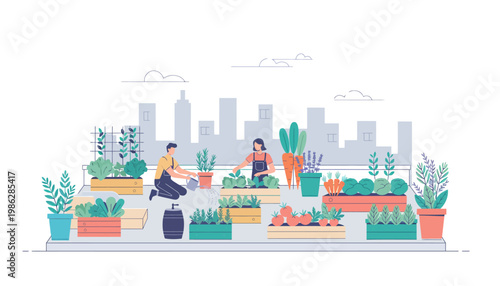 Urban Garden Rooftop with People Gardening Flat Vector