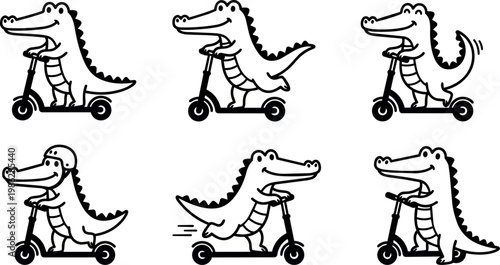 Black and white line art crocodile riding scooter set with helmet and motion