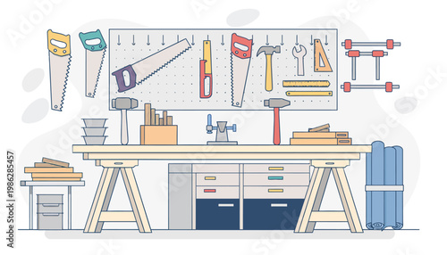 Workshop Tools on Workbench Flat Vector Illustration