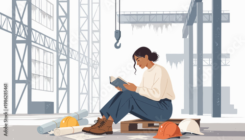 Woman Reads Book in Steel Mill Flat Vector Illustration
