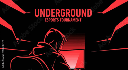 Underground Esports Tournament Design With Silhouette Gamer At The Computer, Vector Art