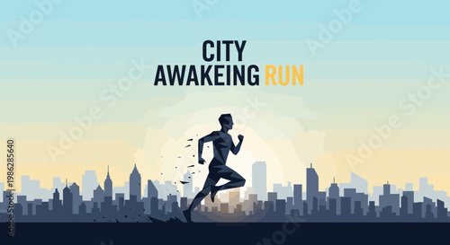 Urban Marathon Dawn Runner Silhouette Cityscape Motion Abstract Style