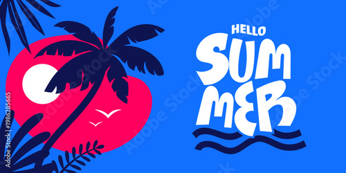 Simple summer illustration with palm tree and tropical leaves silhouette. Hello Summer lettering. Beach sunset. Ideal for seasonal design, banner, poster.