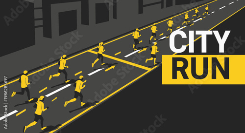 Urban Marathon Depiction: A Group of Runners in a Vibrant, Modern Cityscape